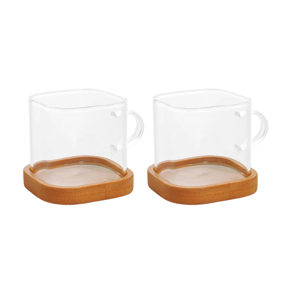 Conjunto De Xícaras Em Vidro Borossilicato Com Pires De Bambu Com 4 Peças 130ml Mimo Style
